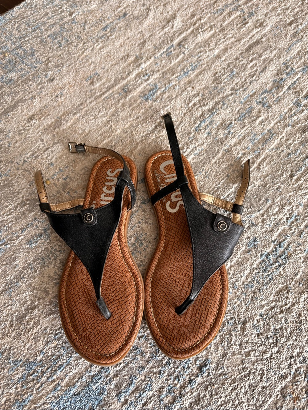 Circus by Sam Edelman Black Leather T-Strap Sandals with Brown Footbed